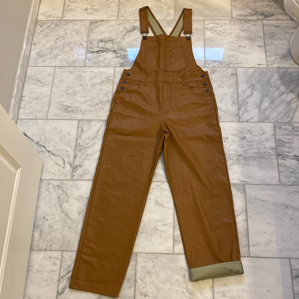 Free People Ziggy Vegan Faux Leather Camel Brown Overalls